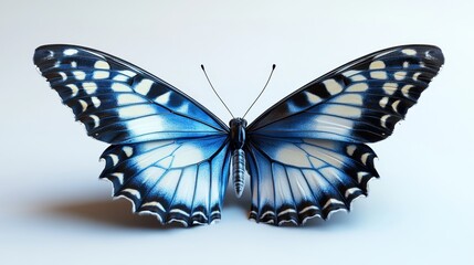 A blue and white butterfly is sitting on a white background