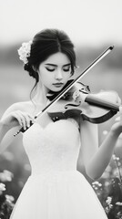 Fototapeta premium Skilled musician plays violin passionately in dramatic black and white setting