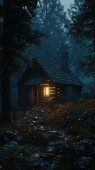 Serene Nighttime Scene of a Lonely Cabin in a Mystical Forest with a Single Illuminated Window Surrounded by Trees and a Tranquil Pathway at Dusk