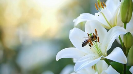 Close-up Macro Shot of a Bee Pollinating a White Lily with a Softly Blurred Background Enhancing the Floral Beauty and Natural Habitat