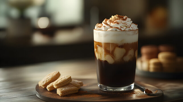 Indulgent Tiramisu Iced Coffee Latte with Fluffy Cold Foam and Elegant Lady Finger Biscuit Presentation