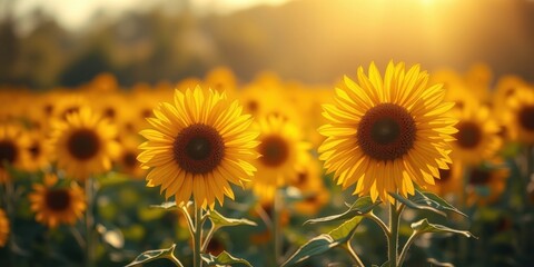 Obraz premium Two Sunflowers Basking in Golden Hour Light, Their Petals Unfurling Towards the Warm Sunset Glow