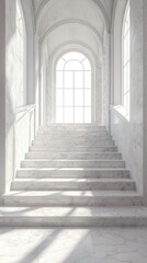Fototapeta premium Elegant Marble Staircase Leading to Arched Doorway Illuminated by Natural Light in a Sophisticated Architectural Interior Design
