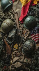 Fototapeta premium Vintage Military Gear Display Featuring Helmets, Flags, and Uniforms Create a Unique Tribute to Historical Military Heritage and Valor of Soldiers