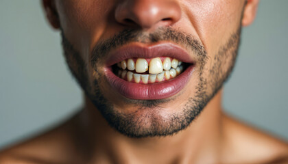 Fototapeta premium A close-up image of a man showing his teeth in very poor conditi