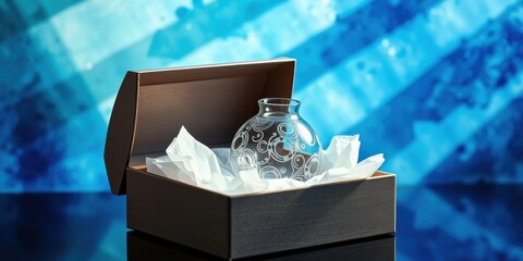 Fototapeta premium A delicate glass vase with an intricate swirling pattern sits nestled in a soft white tissue paper lining a wooden box, capturing the essence of refined beauty and careful presentation.