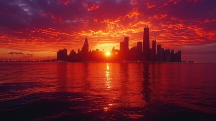 Obraz premium Fiery Sunset Over Chicago City Skyline