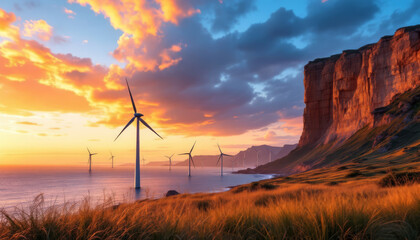 Obraz premium Coastal Wind Farm at Dramatic Sunset