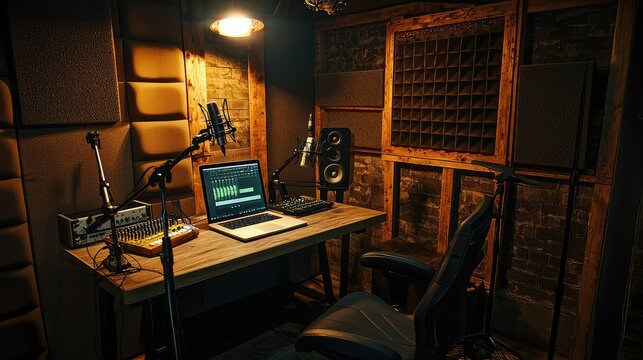 Minimalist Recording Setup in a Modest Studio Featuring Acoustic Treatment and Essential Equipment for Quality Sound Production