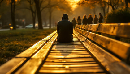 A man sitting on a bench who isolates himself from a group, she represents the idea of isolation, of the problem of integration, of difference, of associability