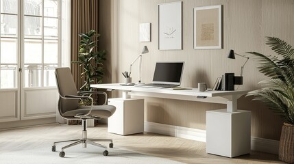 Fototapeta premium Minimalistic Workspace with White Desk, Modern Laptop, Stylish Chair, and Decorative Plants for a Productive Office Environment