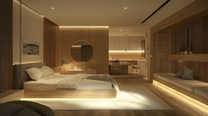Cozy and Modern Minimalistic Studio Apartment Featuring Warm Wood Elements and Soft Lighting, Perfect for Relaxation and Contemporary Living