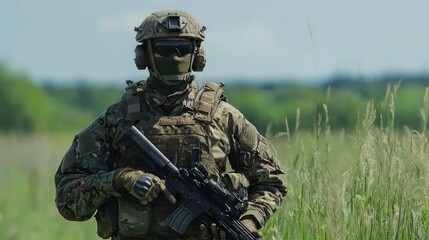 Fototapeta premium Modern Soldier in Camouflage Uniform Standing in Field with Tactical Equipment and Firearm, Showcasing Preparedness and Precision in Natural Environment