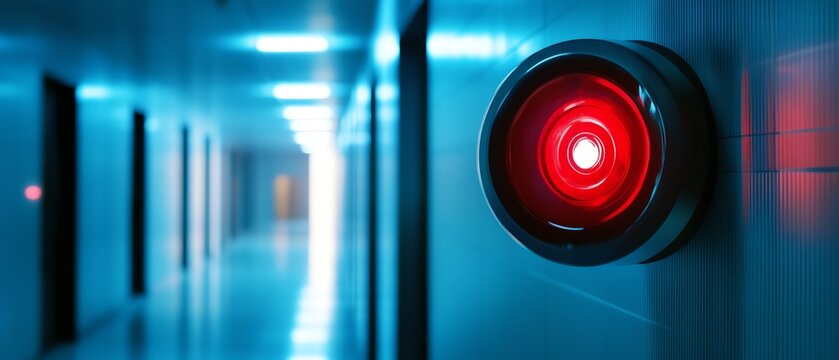An illuminated red sensor in a modern hallway.