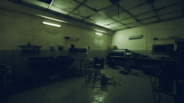 The interior of a deserted laboratory reveals empty tables and scattered debris in a dim environment, suggesting neglect and decay over time, creating an eerie atmosphere.