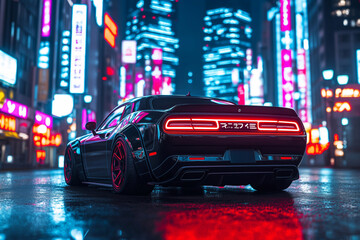 Fototapeta premium Night Racer: Customized Muscle Car Cutting Through Neon-Lit City Streets. 