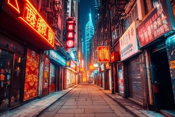 Fototapeta premium Neon Alley: Cyberpunk Cityscape with Vibrant Signs. 