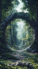 Obraz premium Mystical Portal in an Enchanted Forest Surrounded by Ancient Trees and Lush Foliage Capturing the Essence of a Magical World