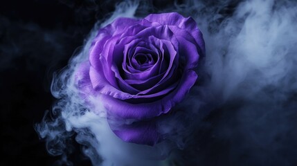 A close-up shot of a purple rose emitting smoke