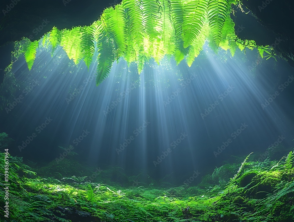 Aufkleber Sunlight Streamed Through Lush Ferns in a Serene Forest Canopy, Creating a Magical Atmosphere of Nature's Beauty and Tranquility Beneath the Dense Green Foliage