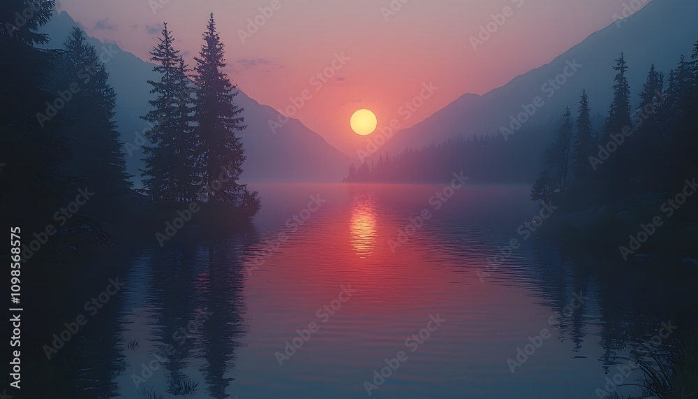 Poster serene mountain lake at sunset with silhouetted trees and misty reflection, creating a tranquil atmo