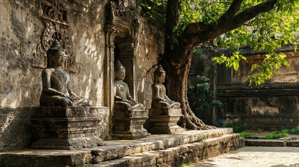 Naklejka premium Ancient Weathered Stone Temple with Sacred Statues Surrounded by Lush Greenery and Dappled Sunlight, Capturing the Serenity of Historical Spirituality
