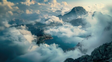 Aerial view of a mountain range with a serene lake in the foreground, suitable for use as a background or landscape image