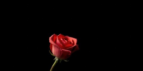 Fototapeta premium A single red rose stands out against a stark black background, its petals unfurling with graceful elegance.