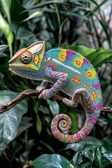 Obraz premium Multicolored chameleon perched on a branch with green backdrop.