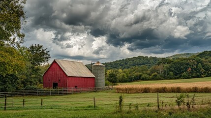 Obraz premium Scenic Red Barn with Silo Under a Dramatic Cloudy Sky Surrounded by Lush Green Fields and Hills in a Peaceful Rural Landscape