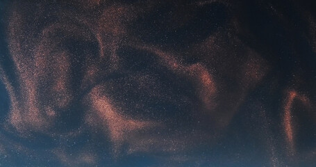 Glitter swirl. Ink cloud. Pink color shiny dust splash magic mist floating wave spreading on dark blue abstract background.