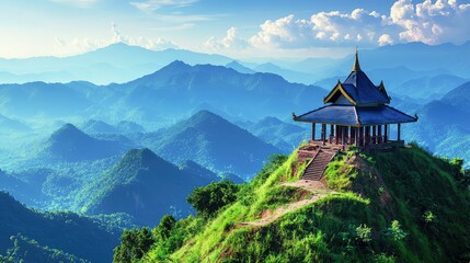 Majestic Sacred Temple on a Serene Mountaintop Offering Breathtaking Panoramic Views of Lush Green Mountains and Clear Blue Skies Under a Bright Sunlight