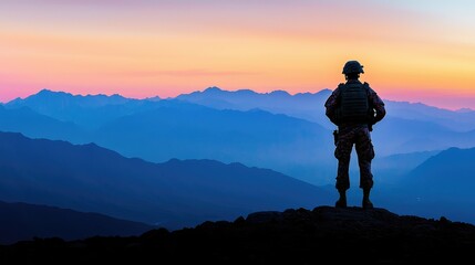 Fototapeta premium Silhouette of a Soldier Standing at Sunrise on a Mountain Top, Capturing the Essence of Courage and Freedom in a Breathtaking Landscape