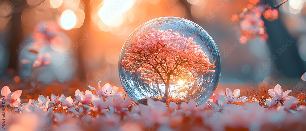 Poster captivating view of a delicate flowering tree enclosed in a crystal sphere surrounded by soft petals