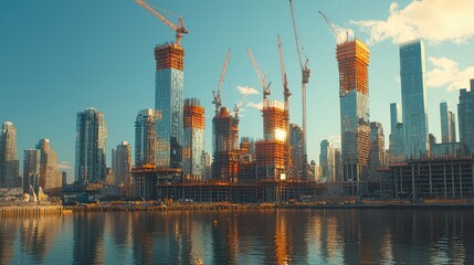 Naklejka premium Modern Skyline of a City Under Construction with Cranes and Reflective Water in the Foreground Showcasing Urban Development and Architectural Progress