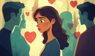 Lost in a Sea of Hearts: A young woman stands amidst a sea of hearts, symbolizing the overwhelming nature of love, choice, and connection.