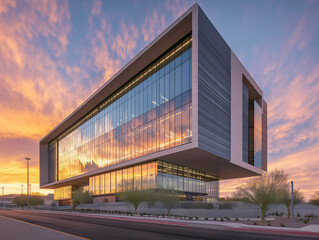 Obraz premium Moderne Architektur vor buntem Sonnenuntergang