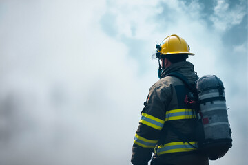 Fototapeta premium Firefighter equipped with protective gear surveys smoke-filled surroundings during rescue mission in a city