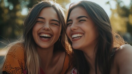Fototapeta premium Two young women smiling and laughing together for a photo shoot