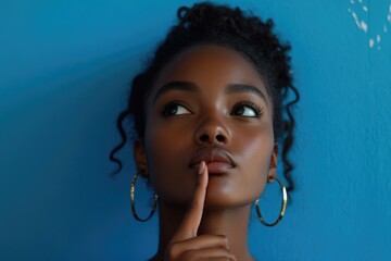 A woman holding a finger to her lips indicating secrecy or silence