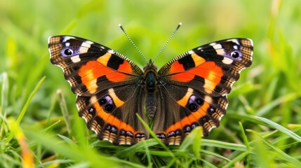 Naklejka premium A single butterfly sits atop a vibrant green field with various wildflowers and grasses