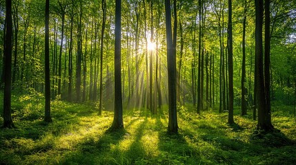 Obraz premium Sunlight Filtering Through Canopy of Lush Green Trees, Creating a Serene Atmosphere in a Dense Forest Setting Filled with Natural Beauty