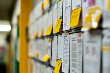 Wall of documents, yellow sticky notes.