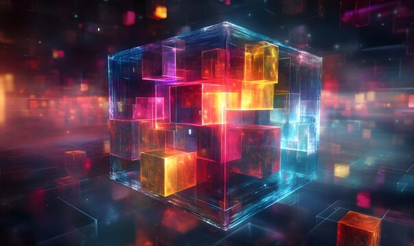 Create a 3D tesseract (hypercube) with shifting, colorful faces and a dynamic