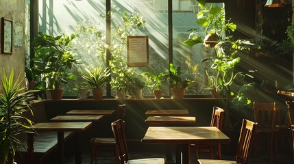 Fototapeta premium Sunlight Streaming Through Café Windows Illuminating Indoor Plants and Wooden Tables, Creating a Warm and Inviting Atmosphere for Relaxation and Socializing