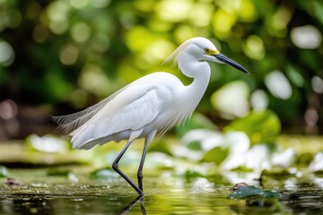 Naklejka premium A white bird with a distinctive long beak stands still in calm water, great for use as a symbol or illustration