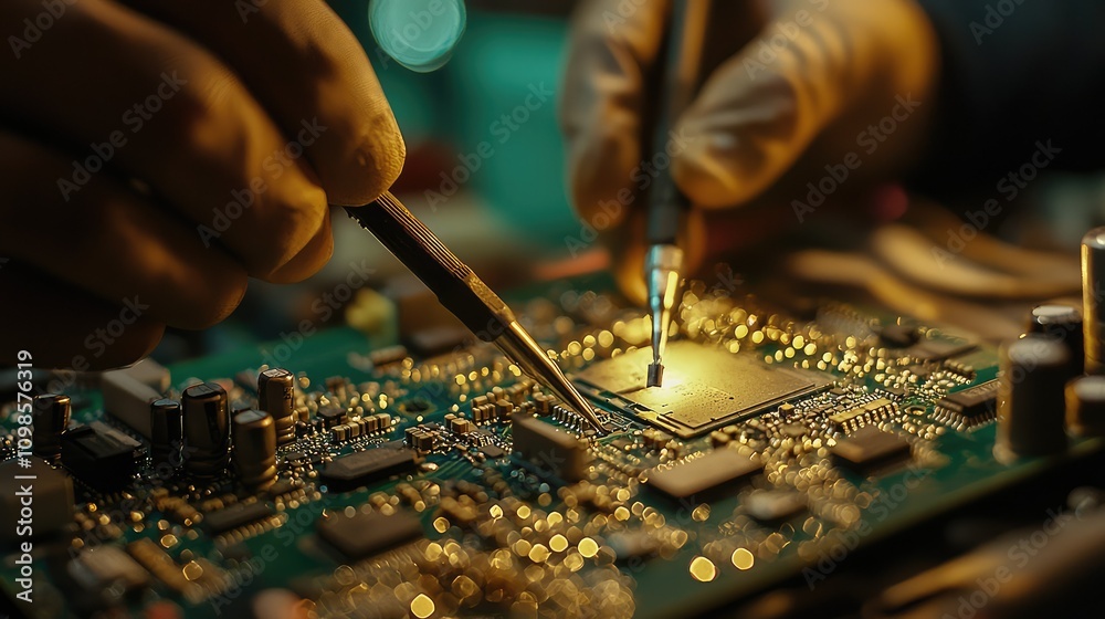 Poster technician installing computer chip on motherboard with precision tools in a high-tech environment, 