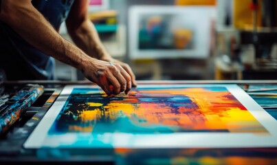 Artist's hands applying vibrant paint to artwork.