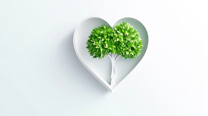 A pure white background featuring a green tree inside a heart, symbolizing the love for nature and environmental conservation, Simplified flat paper art illustration of
