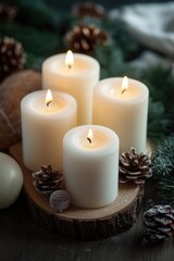 A group of candles placed on a wooden table, great for setting the mood or creating a cozy atmosphere